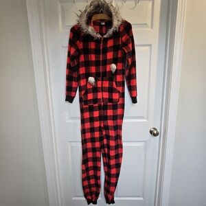 Holiday Time Red and Black Plaid Hooded Onesie XS Women's